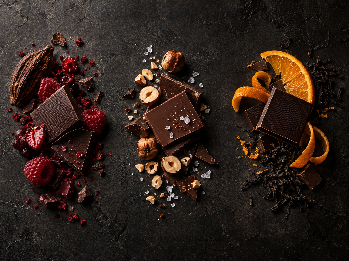 ベリー、ヘーゼルナッツ、オレンジと紅茶を合わせた3種のチョコレート